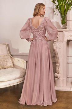 Cinderella Divine CD0183 Full Sleeve Long Formal Dress for $230.0
 – The Dress Outlet Pink Satin Gown With Sleeves, Beaded Floral Dress, Satin Full Sleeve Dress, Mother Of The Bride Dresses 2024, Satin Gown With Sleeves, Petal Embroidery, Long Sleeve Chiffon Dress, Flowing Sleeves, Smoky Blue