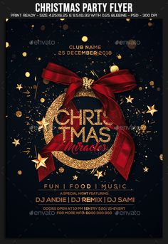 christmas party flyer template with gold stars and red ribbon on black background - flyers print templates