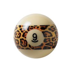 an animal print pool ball with the number nine on it's side and black lettering