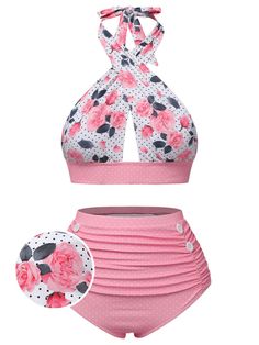 Pink 1940s Floral Cross Halter Swimsuit Cute Swimwear Korean, Cute Two Piece Bathing Suits, Retro Inspired Swimwear, Swimwear Sewing Patterns, Girlfriend Clothes, Retro Stage, Retro Bathing Suits, Halter Swimsuit, Floral Cross