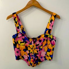 Made Of Cotton, Can Be Worn On Shirt Or On Own. Vibrant Colors. Full Zipper On Back Chic Multicolor Floral Print Crop Top, Fitted Multicolor Floral Print Crop Top, Vibrant Yellow Floral Print Tops, Summer Floral Print Crop Top For Party, H&m Multicolor Tops For Spring, Summer Yellow H&m Tops, Trendy Yellow Floral Print Crop Top, H&m Sleeveless Crop Top For Spring, H&m Sleeveless Crop Top For Summer