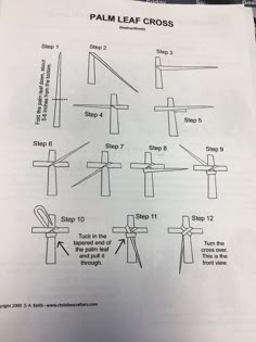 the instructions for how to make palm leaf crosses are shown in black and white paper