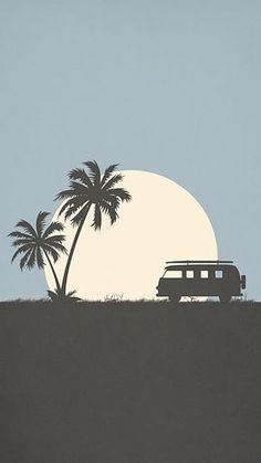 a van parked on top of a hill with palm trees and the sun in the background