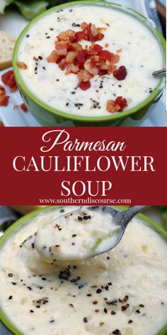 two bowls of parmesan cauliflower soup with bacon on top and in the middle