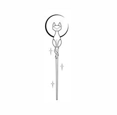 a black and white drawing of a cat on a stick