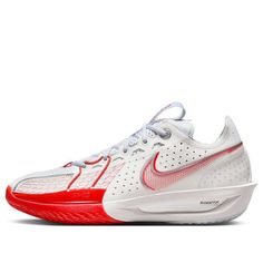 a white and red nike shoe on a white background with an orange stripe around the sole