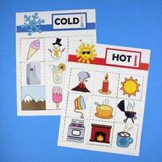 two printable cards with pictures of hot and cold items