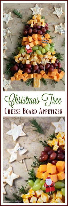 the christmas tree cheese board appetizer is made with grapes, apples and pine cones