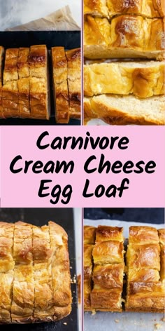 the process of making cream cheese egg loafs is shown in four different photos and then on