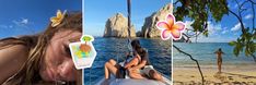 three different pictures with people on the beach and in the water, one woman is laying down