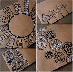 four pictures of different designs on brown paper