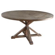 a round wooden table with two crossed legs