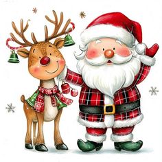 a drawing of santa and reindeer with bells on their heads, standing next to each other