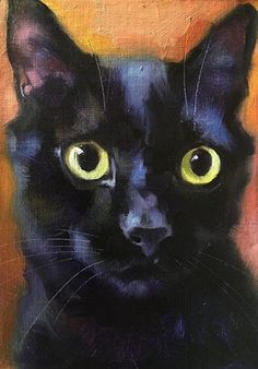 a painting of a black cat with yellow eyes