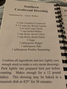 a recipe book with instructions for cornbread dressing