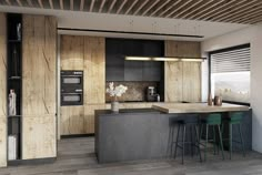 a modern kitchen with wood paneling and counter tops, along with two bar stools