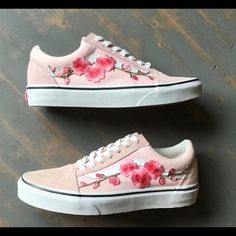 Cherry Blossom Custom Vans Pink. All sizes Vans Slip On Black, Cherry Shoes, Goth Outfit Ideas, Checkered Shoes, Old Skool Vans, Vans Hi, Goth Outfit, Vans Pink, Pink Vans