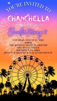 an image of a flyer for a party with fireworks and ferris wheel in the background