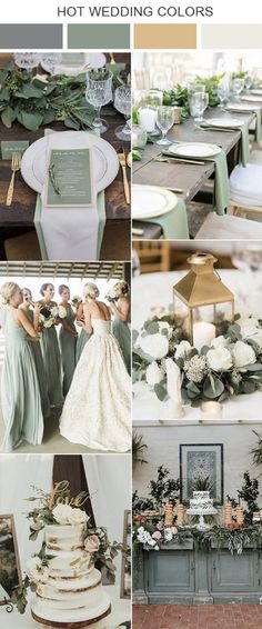 wedding color palettes for the bride and groom's green, white and gold theme