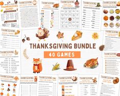 thanksgiving printables and games for kids to play in the fall or winter with text that reads, thanks giving bundle 40 games