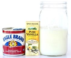 ingredients to make homemade vanilla ice cream sitting on a white surface with a bottle of milk in the background