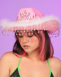 Fringe Cowboy Hat, Cowboy Hats Women, Pink Cowboy Hat, Versace Fashion, Cowgirl Hat, Cowgirl Hats, Beaded Fringe, Wigs Hair Extensions, Cowboy Hat