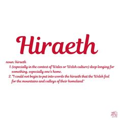 the word hiraeth is written in red and black ink on a white background