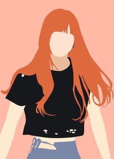 a woman with long red hair standing in front of a pink background and wearing a black shirt