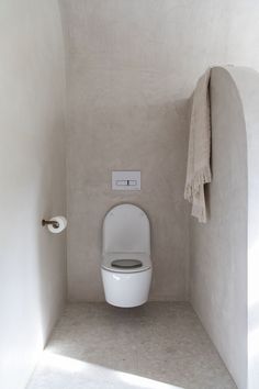 a white toilet sitting in a bathroom next to a roll of toilet paper on the wall