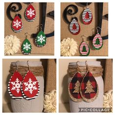 four pictures of christmas themed earrings on display