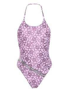 lilac purple stretch-design glitter detailing all-over floral print halterneck silver-tone stud embellishment belted waist low back full lining Be mindful to try on swimwear over your own garments. Belted Swimsuit, Swimsuit Purple, Fashion Book, Versace Outfit, Be Mindful, Yoko London, City Dress, Lilac Purple, Summer Beach Wear