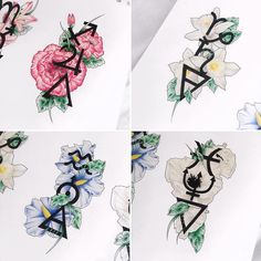 four pictures of flowers with the letters y and v painted on them, all in different colors