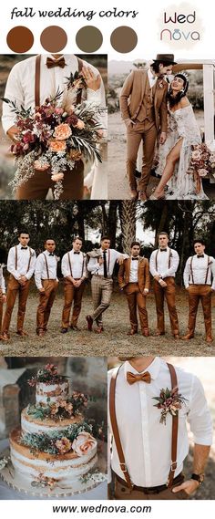 the wedding party is dressed in brown and white