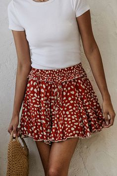 Red Printed Ruffled Hem A-line Mini Skirt Casual High Waist Skirt With Ruffle Hem, Red A-line Mini Skirt For Spring, Red Flared Skirt For Summer, Summer A-line Skort, Summer A-line Ruffled Skirt, Casual Skirted Shorts With Ruffle Hem, Red Skirted Bottoms For Summer, Flowy A-line Skirt With Ruffles, High Waist Red Skirt For Summer