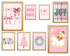 there are many christmas cards on the wall in this room with pink and green decorations