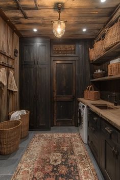 an old - fashioned kitchen with wood paneling and antique rug