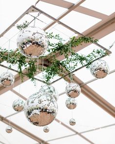 several disco balls hanging from a ceiling with greenery in the middle and on top