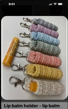 several crocheted items are lined up on a white surface with the words lip balm holder - lip balm