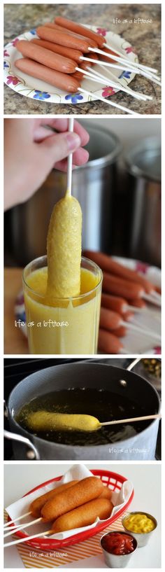 carrots are being squeezed into a glass with a toothpick and then placed in a bowl