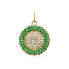 Green Emerald Pave Diamond Gold Pendant / Natural Diamond Handmade Gold Coin Charm / 14k Solid Yellow Gold Circle Handmade Hip Hop Necklace Please note that Real gemstones will have inclusions and some irregularities. You'll get 1 pendant Dimensions: 28.9mm x 20.8mm Diamond Details: Round - 1.5mm - 40 pcs Total ctw. - 0.530 cts. Emerald Details: Round - 1.5mm - 63 pcs Materials: Diamonds, Gold, Emerald * Please note that Gold orders are made to order in your choice of Gold KT / Color & Beads drilled to choice so please look at handling time carefully before placing orders. * All findings made in Gold come with Real Diamonds / Gemstones and Silver findings come with CZ  (Cubic Zirconia) not diamonds. * Photos are taken with macro lens. Please refer to the size mentioned in the description c Green Jewelry With Pave Setting Round Cut, Green Round Cut Jewelry With Pave Setting, Green 14k Gold Jewelry With Pave Setting, 14k Gold Green Jewelry With Pave Setting, Green Pave Setting Jewelry For Gift, Yellow Gold Jewelry With Pave Setting For May Birthstone, Green Jewelry With Pave Setting For Gift, Yellow Gold Medallion With Pave Setting, Yellow Gold Medallion Jewelry With Pave Setting