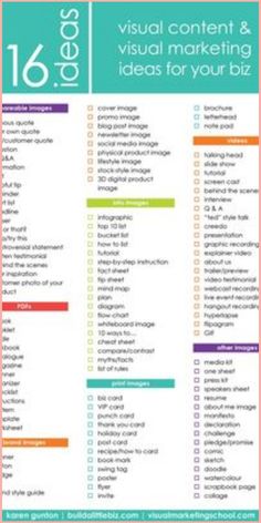 a colorful poster with the words visual content and visual marketing ideas for your biz