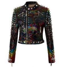 Women's Punk Multicolor Printed Outfit, Personalized Spikes Studs Cow Leather, Motorbike Bachelor's Jacket, Party Wear Gothic Clothing, Stylish jacket in cool shades of Color. Pin Badges with High-Quality Studs. Each securely added by hand Cropped, Vintage-inspired / Moto / Fit Patches Jacket Silver Round Studs Steampunk Gothic 0.9 to 1.0 MM Cowhide Leather used We provide this jacket in a variety of sizes to suit your needs. We provide options for customizing the size, design, or color to suit Studs And Spikes, Party Kleidung, Gothic Clothing, All Things New, Patches Jacket, Stylish Jackets, Gothic Outfits, Pin Badges, Monster High