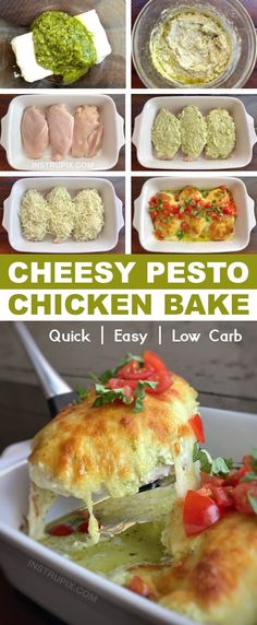 the steps to make cheesy pesto chicken bake are shown in this collage