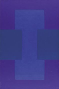 an abstract painting with blue squares in the middle and one square at the bottom, on a purple background