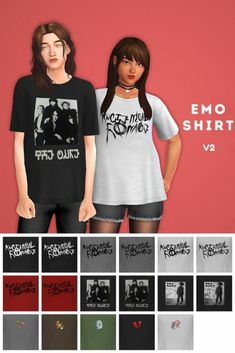 two women standing next to each other in front of a red background with the words emo shirts v2