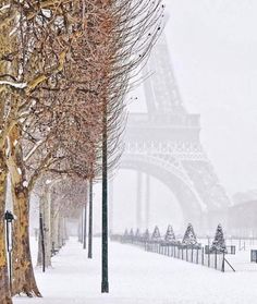 the eiffel tower is covered in snow as people walk by on a snowy day