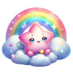 a pink star sitting on top of a cloud next to a rainbow