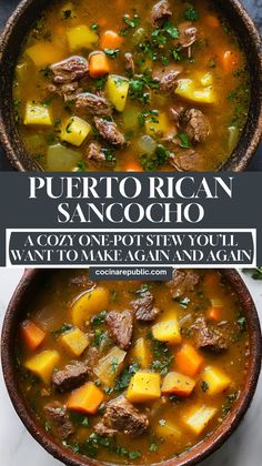 two bowls filled with beef and potato soup on top of a white countertop next to a