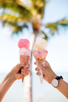 two people holding up ice cream cones with pink and white toppings in front of a palm tree