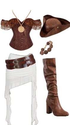 a woman's outfit is shown with boots and accessories